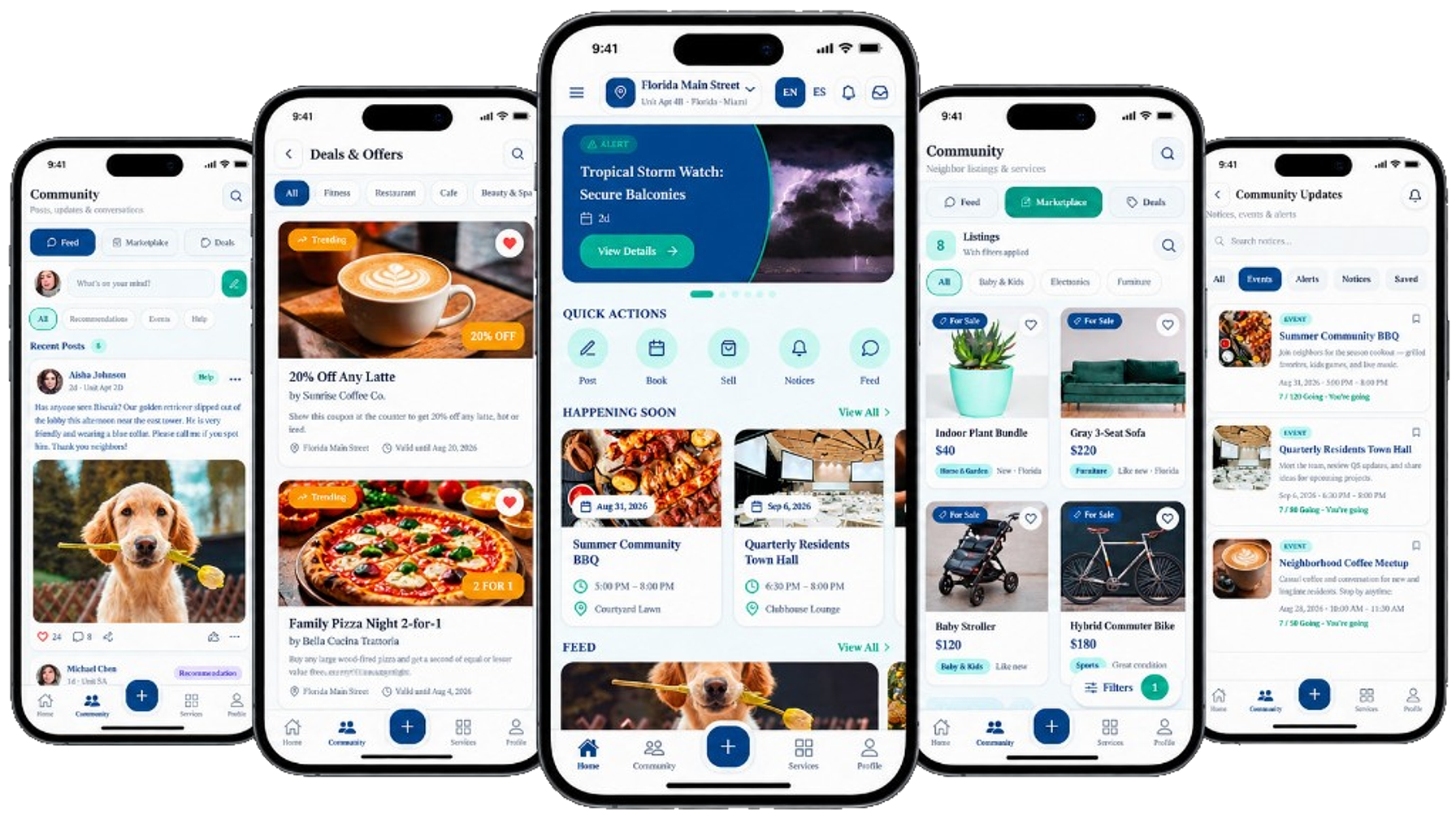 Havena mobile app screens for community feed, events, home, marketplace, and local deals